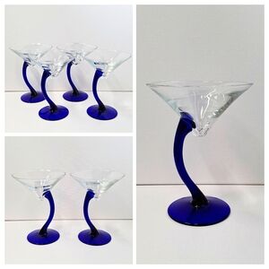 Martini Cocktail Libbey Cobalt Blue Curved Stem 4 Glasses Goblets